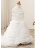 Beaded Ivory Lace Organza Tiered Flower Girl Dress